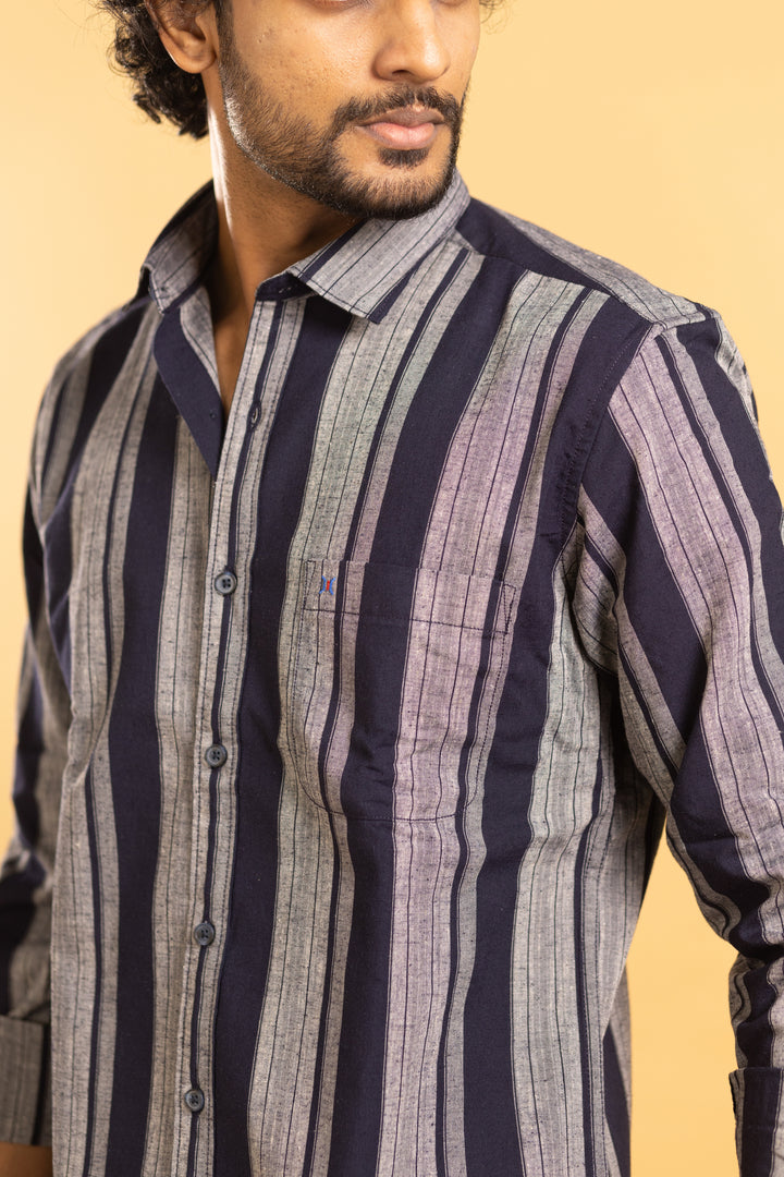 Men's full sleeve striped shirt in blue and grey