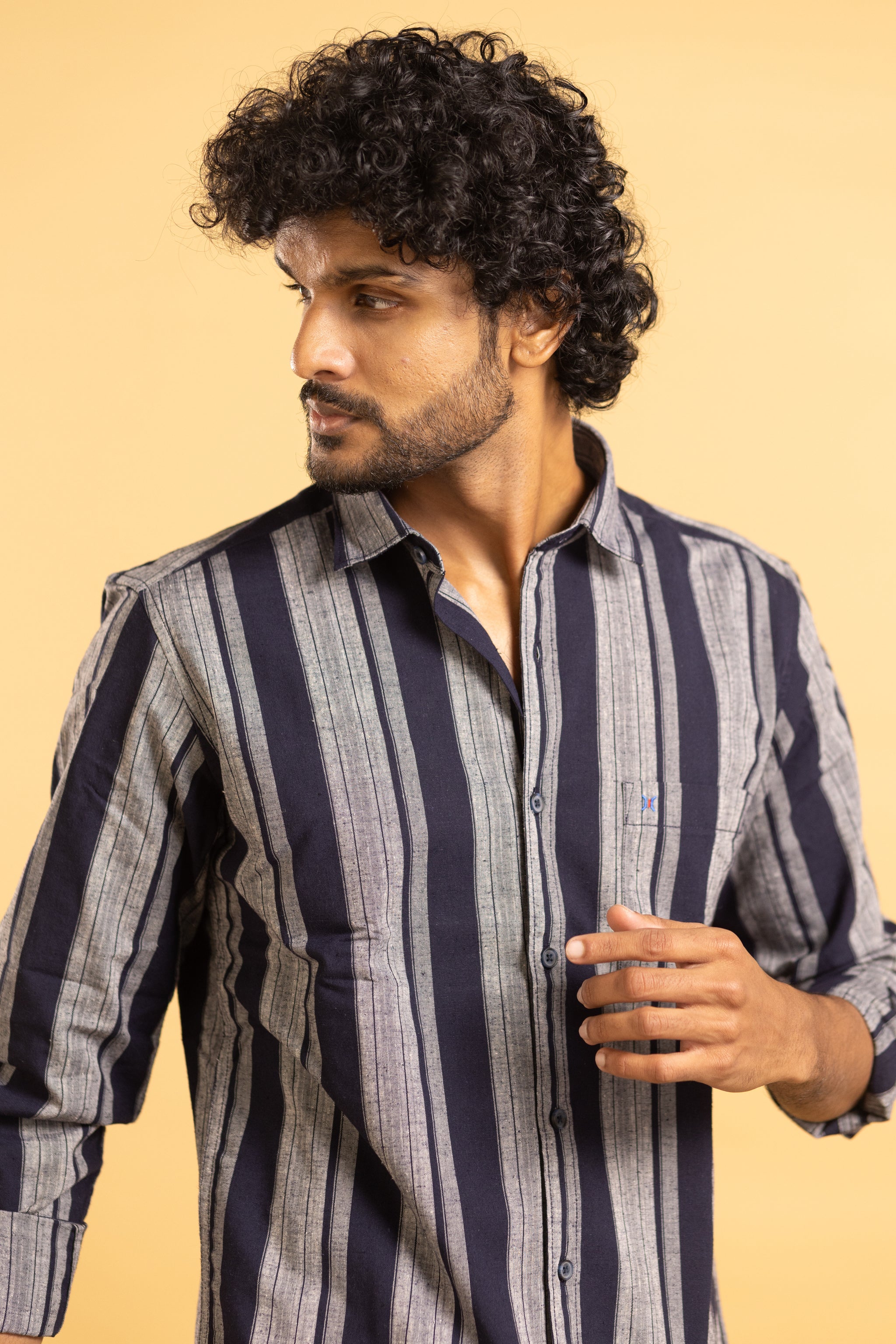 Men's full sleeve striped shirt in blue and grey
