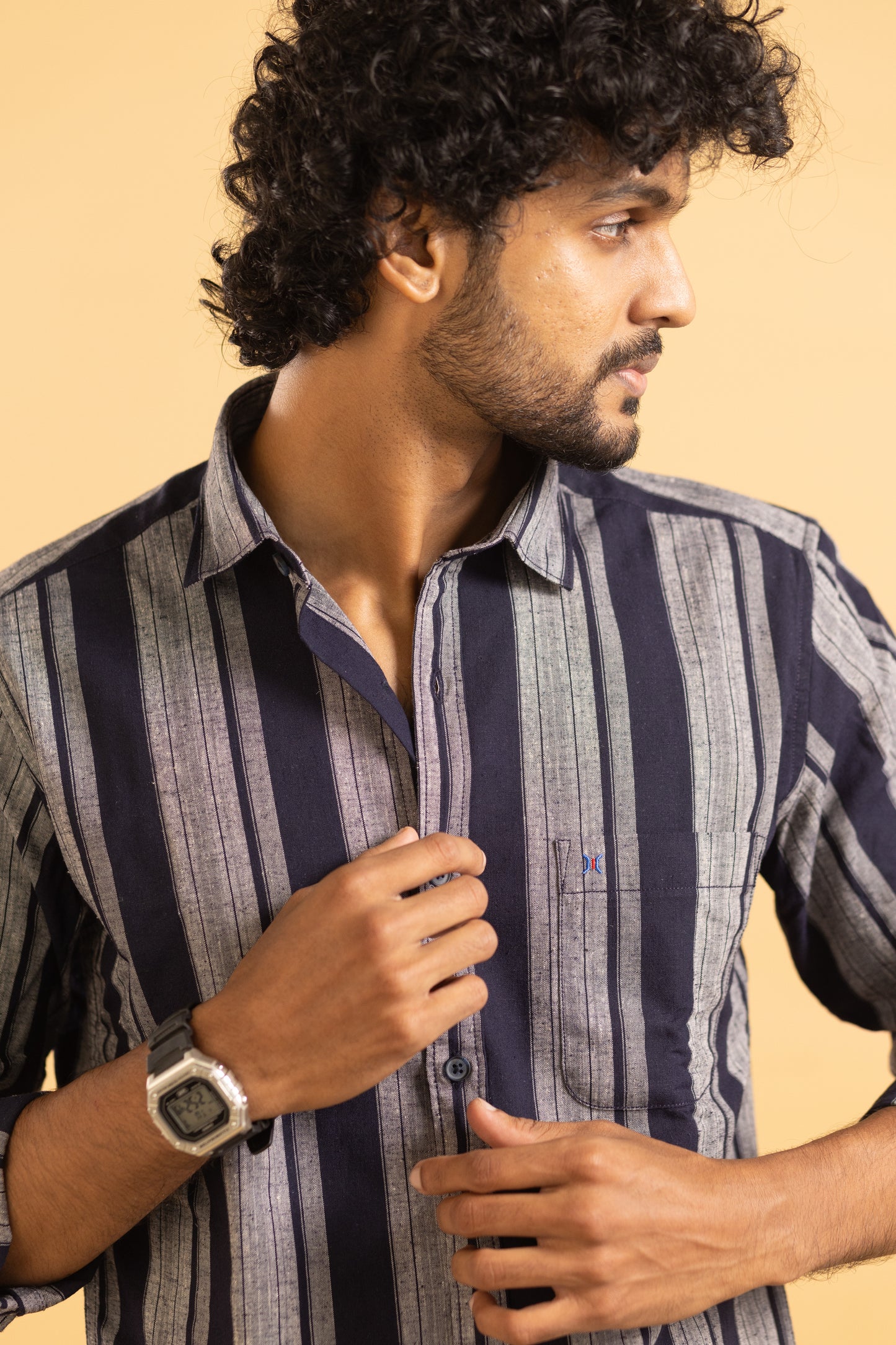 Men's full sleeve striped shirt in blue and grey