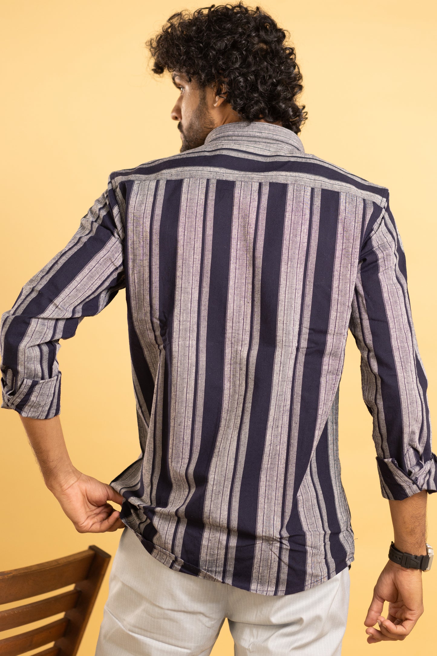 Men's full sleeve striped shirt in blue and grey