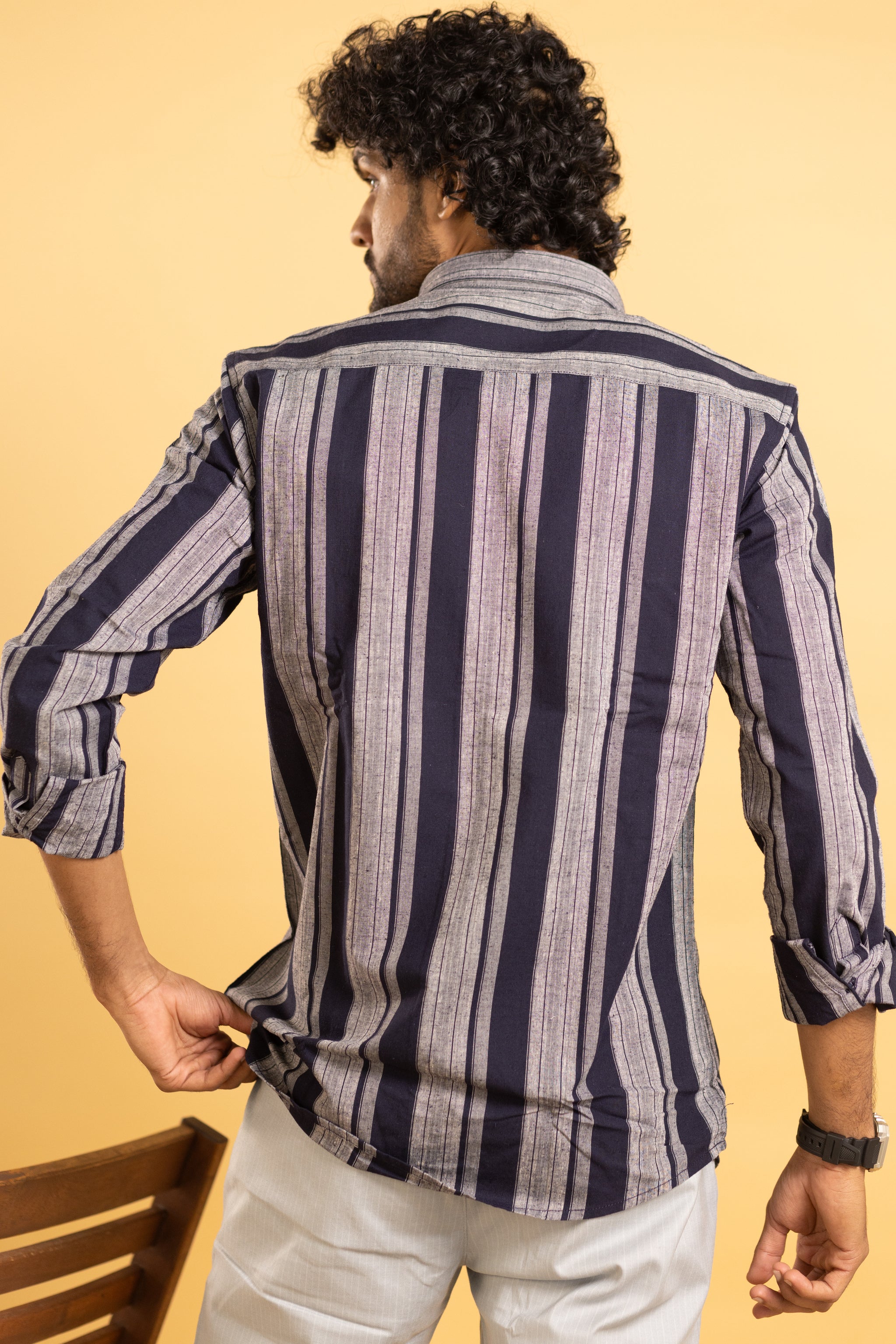 Men's full sleeve striped shirt in blue and grey