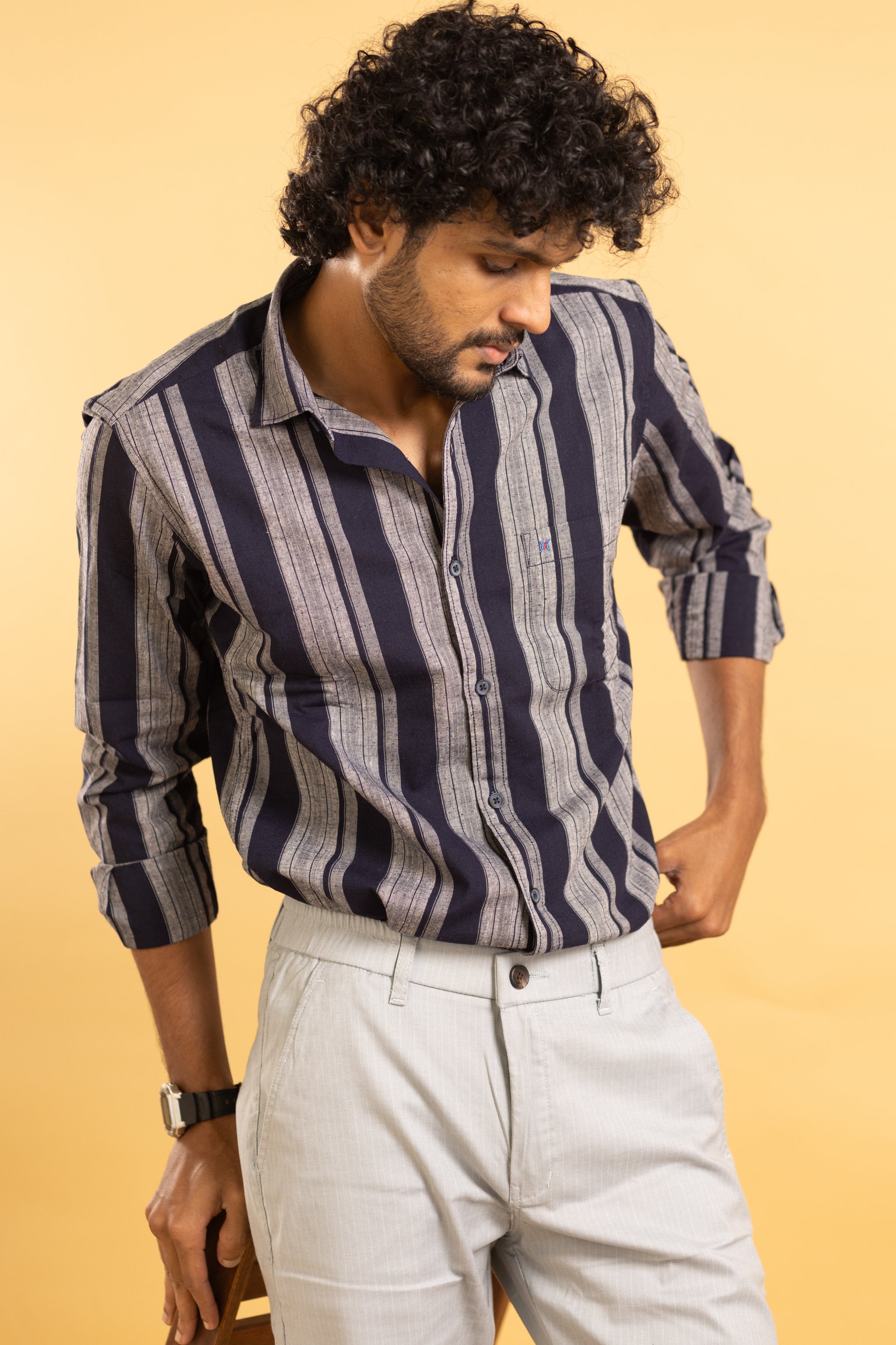 Men's full sleeve striped shirt in blue and grey