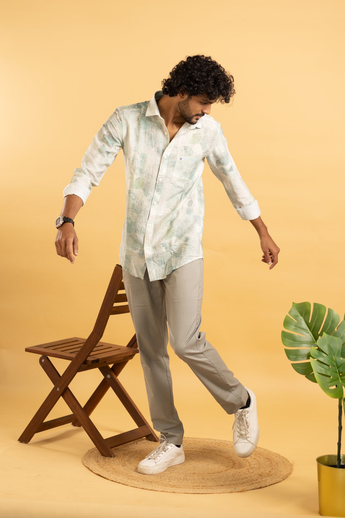 Men's full sleeve abstract print shirt in cream