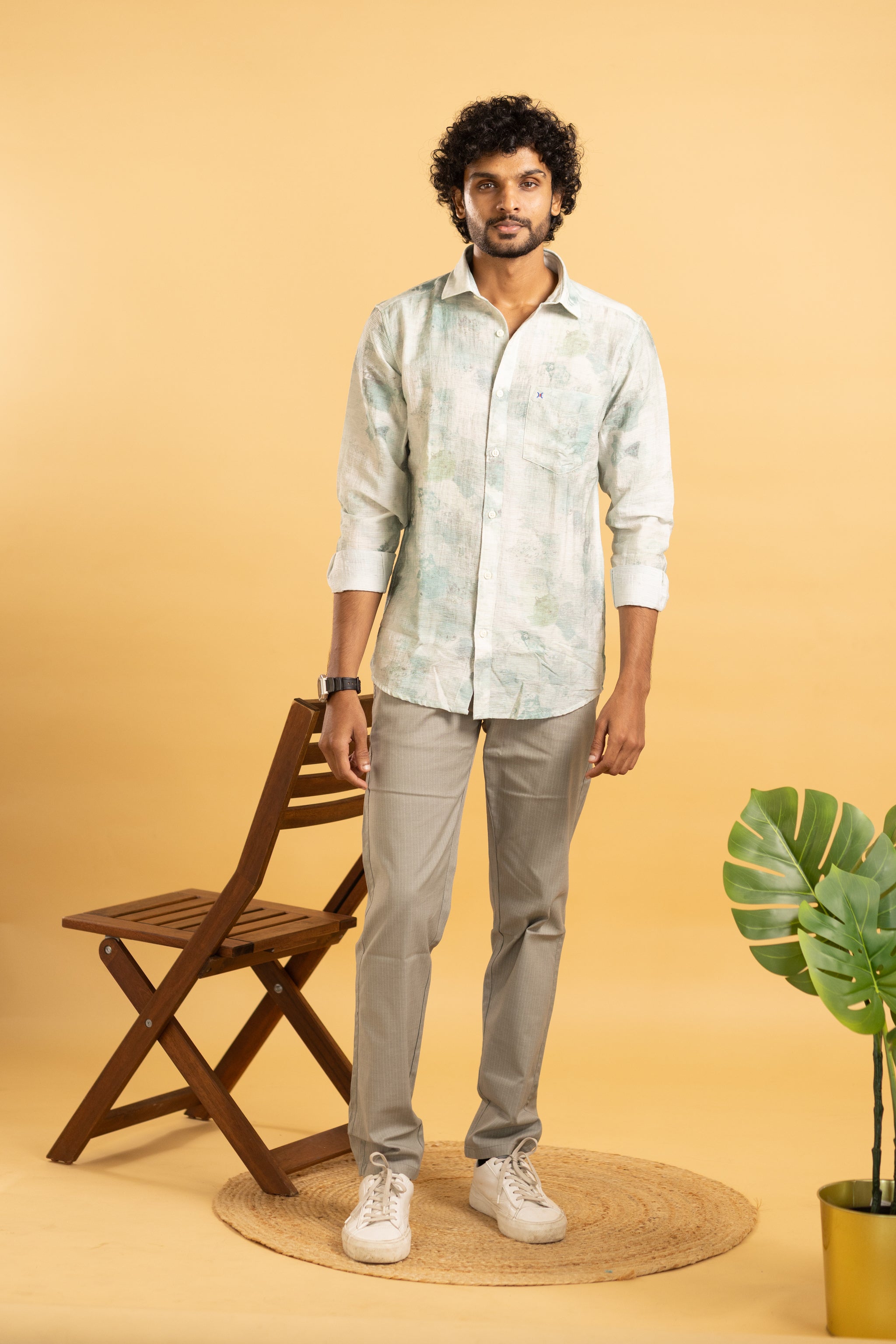 Men's full sleeve abstract print shirt in cream