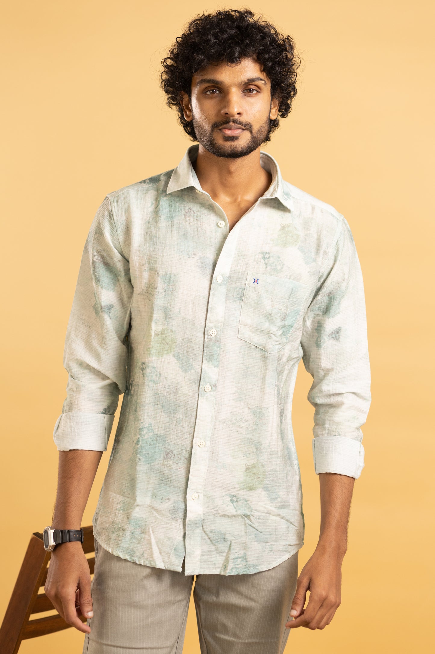 Men's full sleeve abstract print shirt in cream