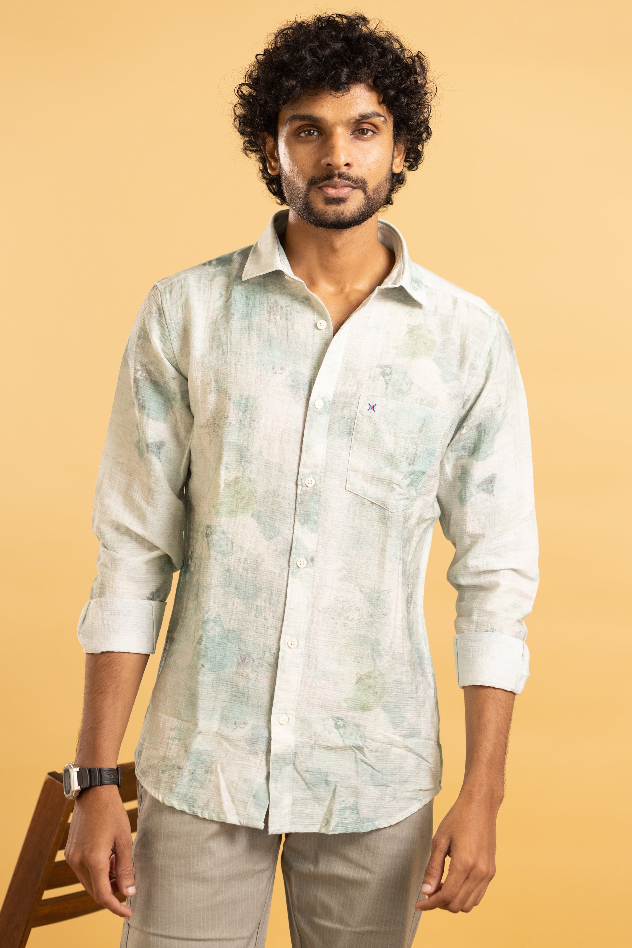 Men's full sleeve abstract print shirt in cream