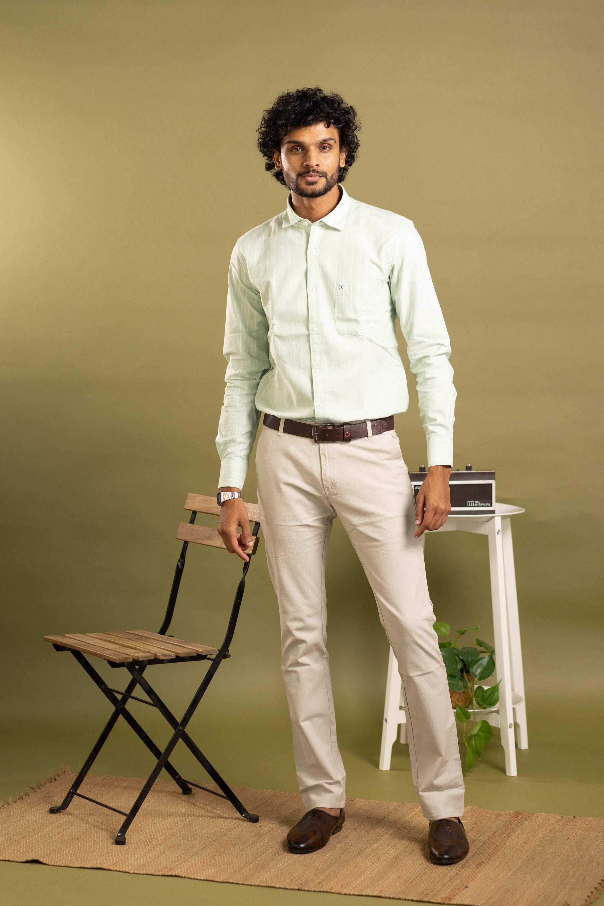 Men's full sleeve striped shirt in mint green