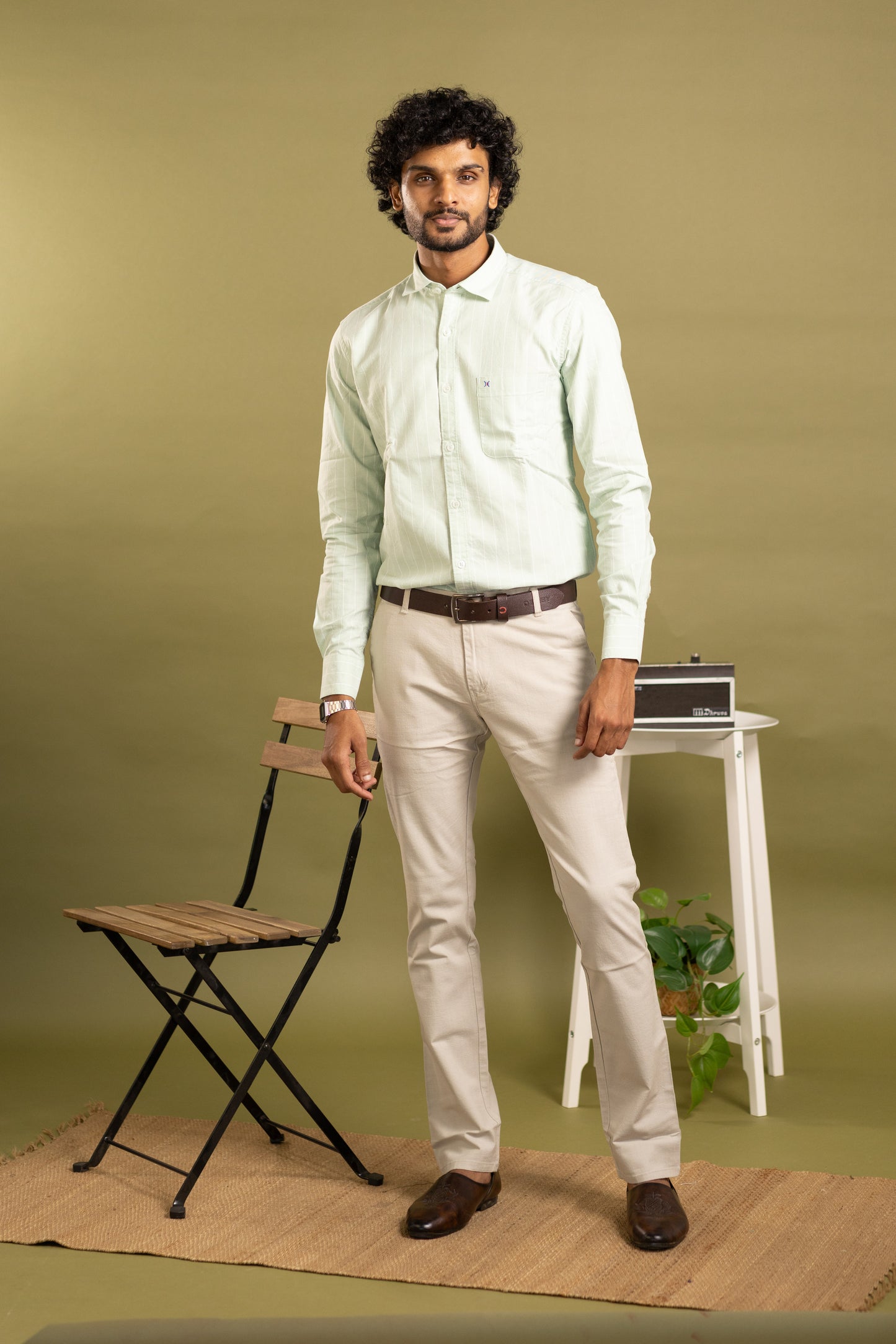 Men's full sleeve striped shirt in mint green