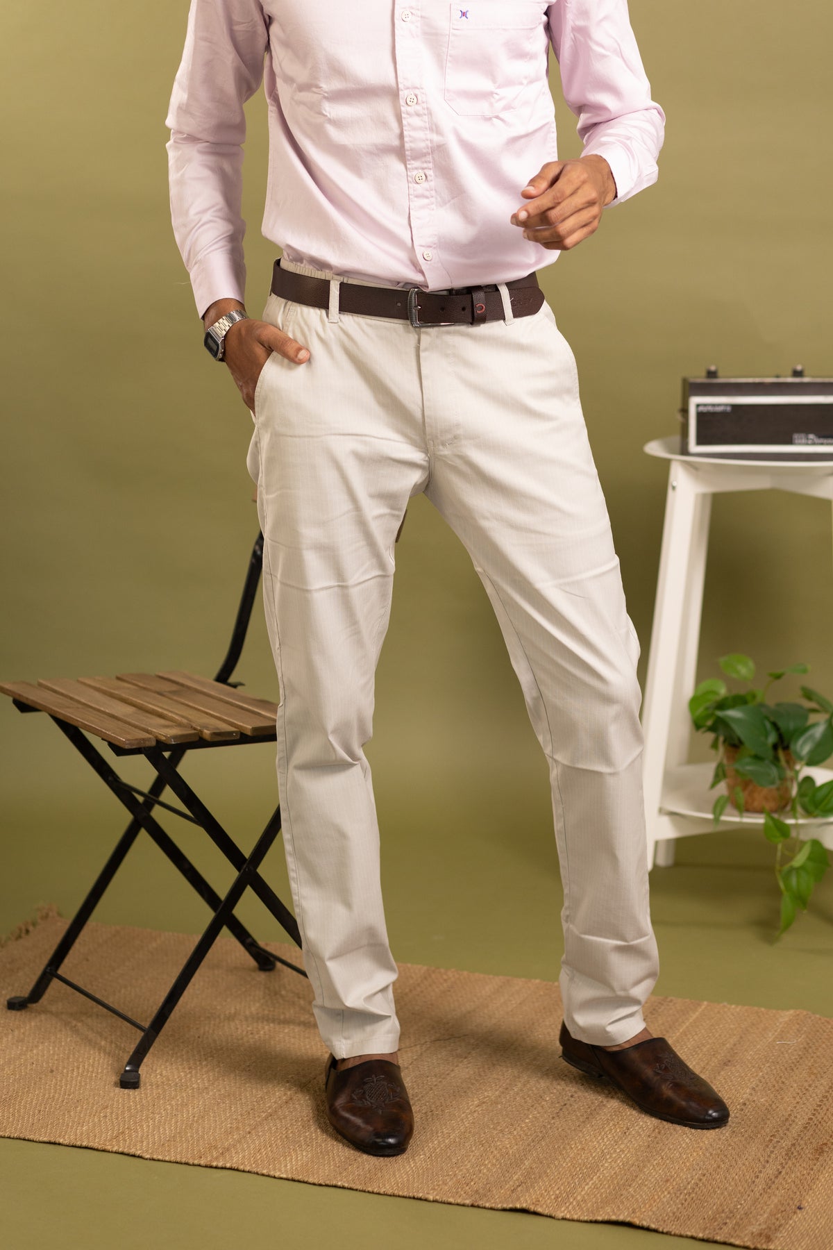Men's Cotton striped Pant in light sandal