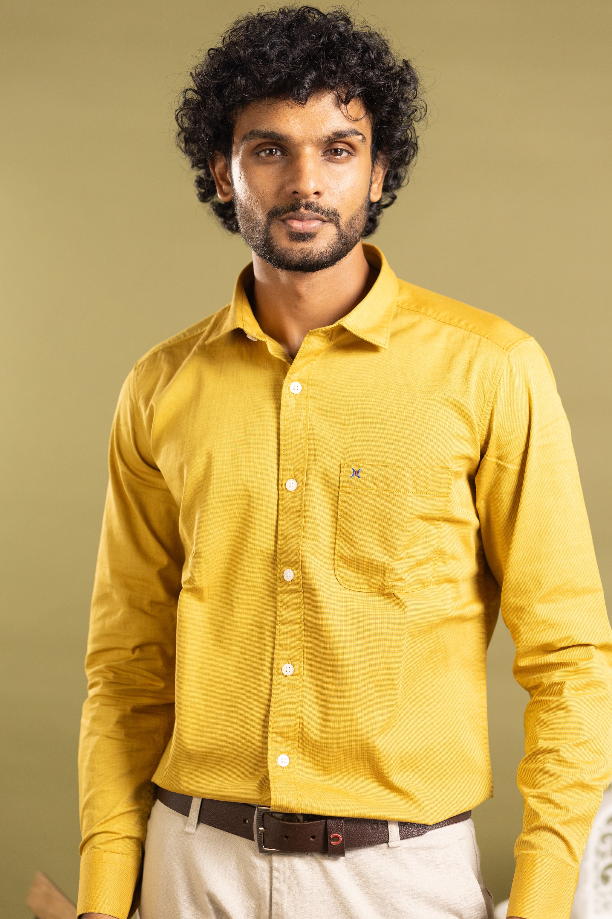 Men's full sleeve solid shirt in mustard yellow