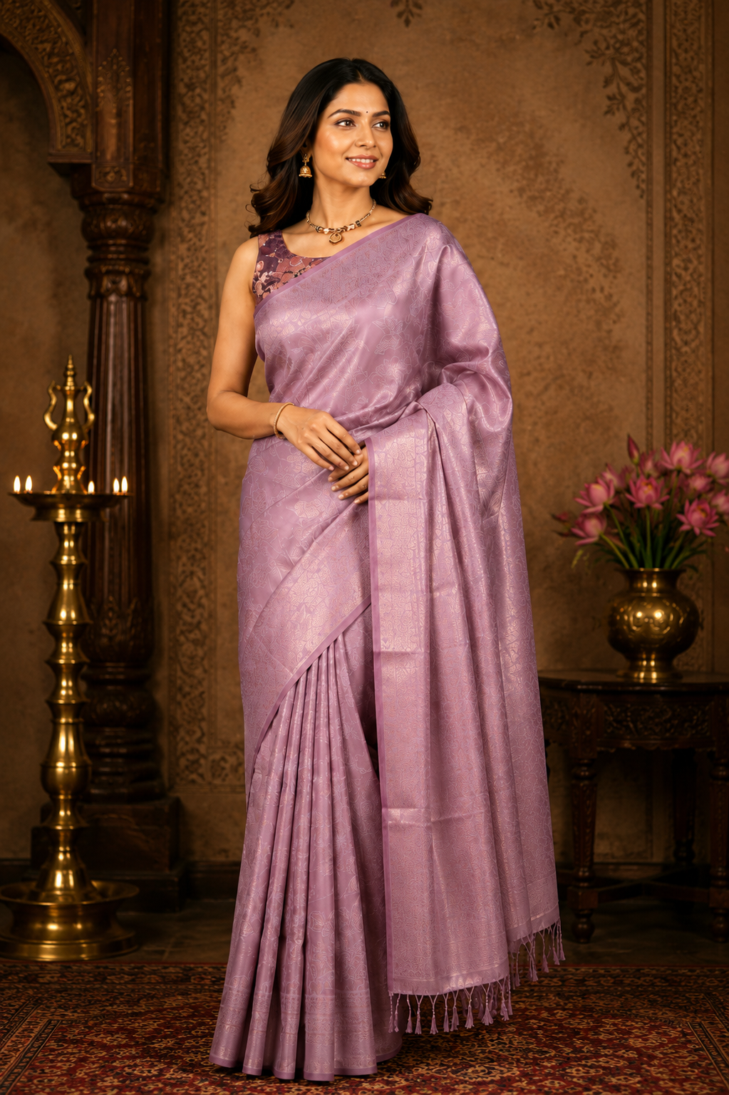 Synthetic print saree in lilac lavender