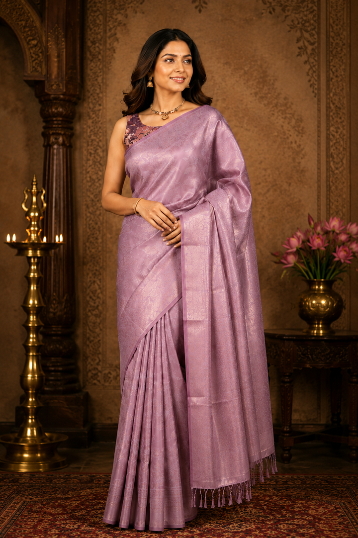 Synthetic print saree in lilac lavender
