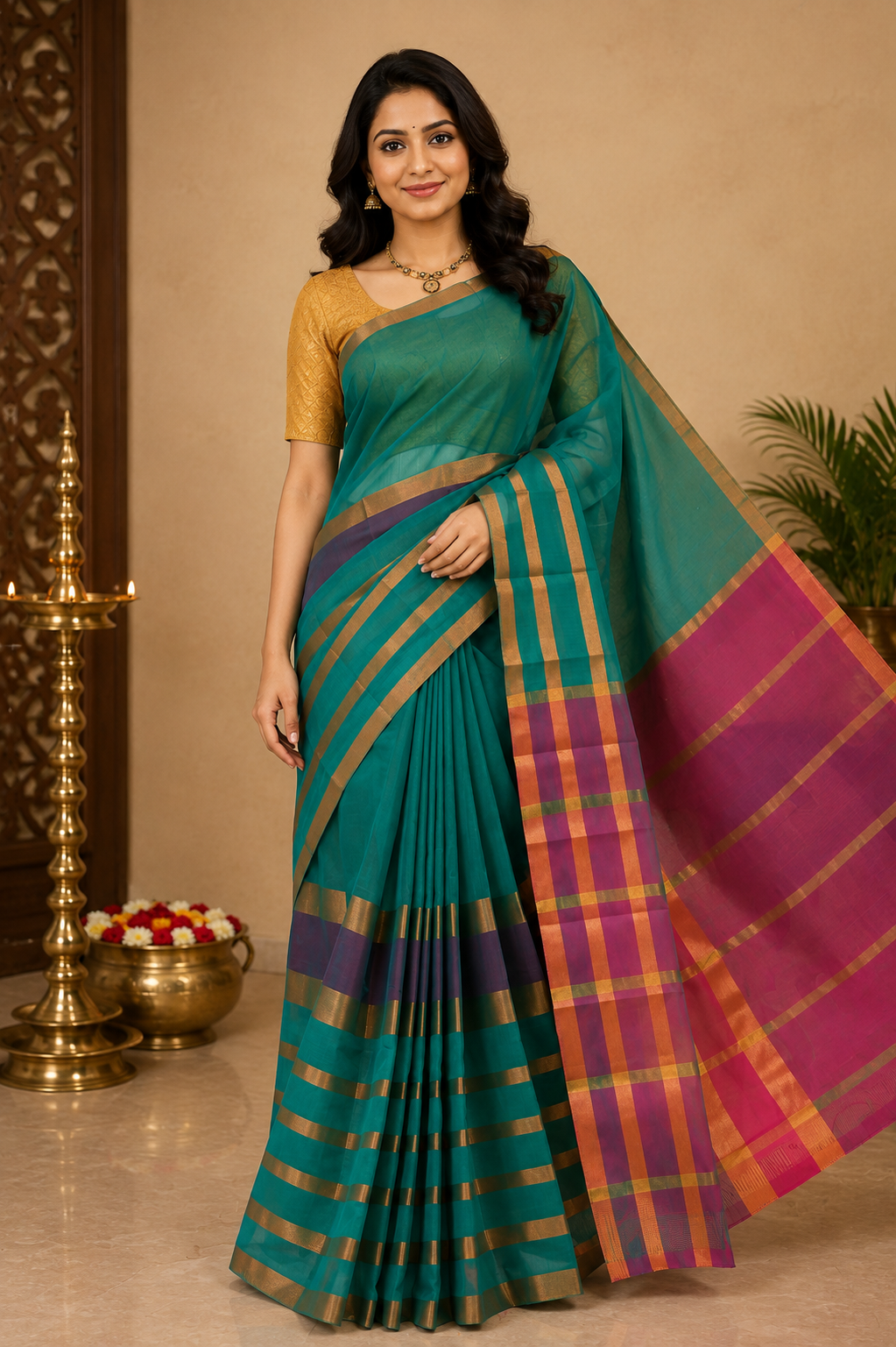 Jade green silk cotton saree