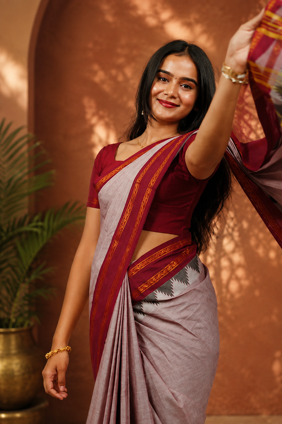 Kadal meengal Karaikudi cotton saree in lavender mist with maroon border