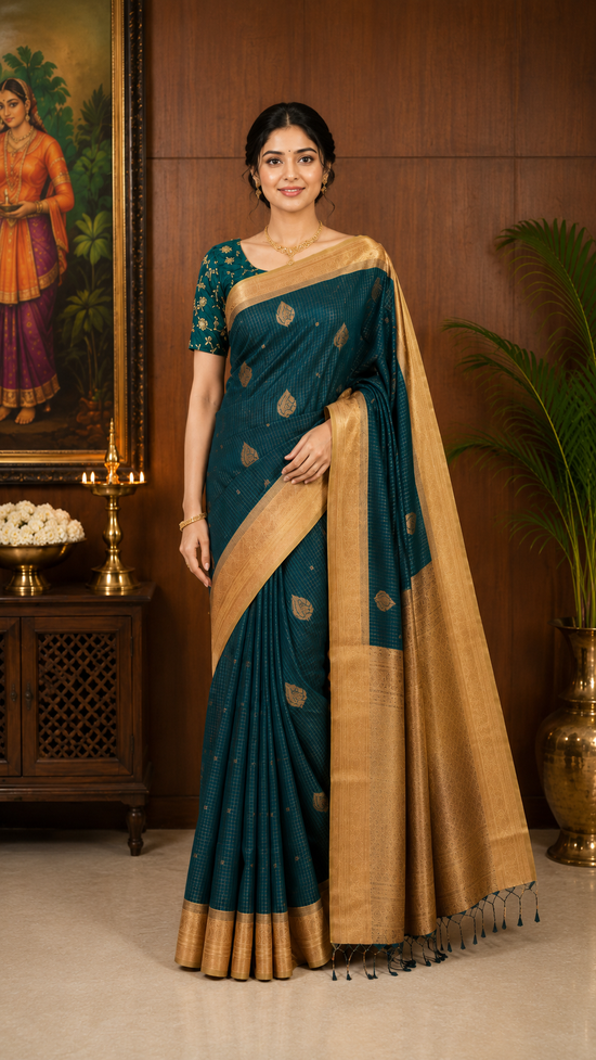 sythentic bottle green saree with golden zari