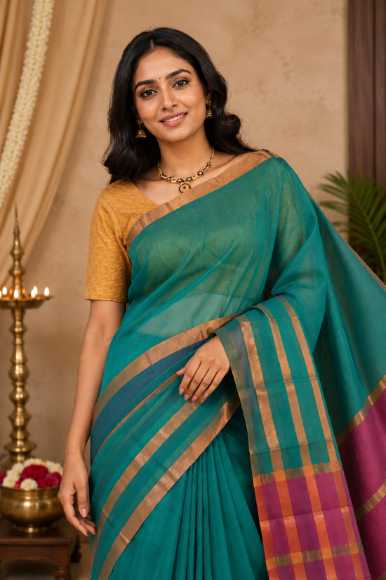 Jade green silk cotton saree