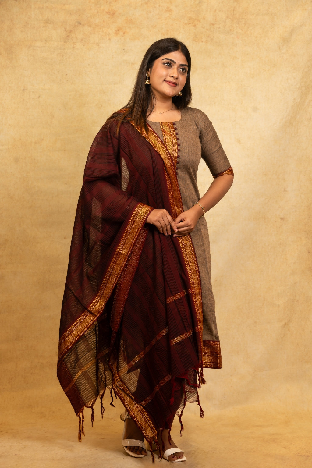 Janani Brown Top, Dark Maroon Pant and Dupatta – Handloom Cotton with Lining