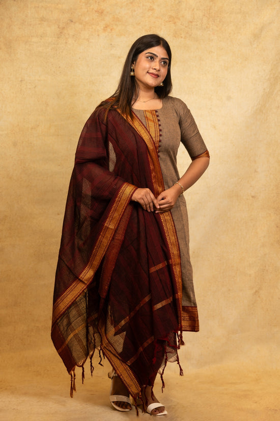 Janani Brown Top, Dark Maroon Pant and Dupatta – Handloom Cotton with Lining
