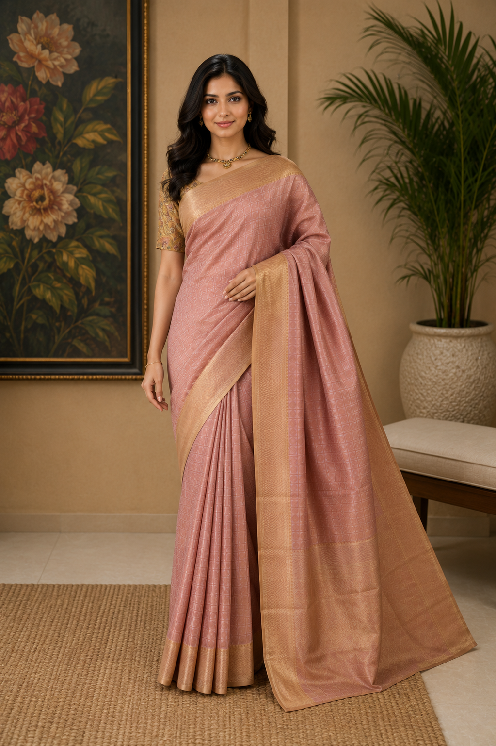 Synthetic saree in rose gold with golden zari