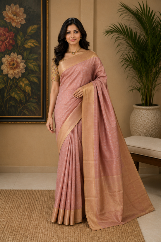 Synthetic saree in rose gold with golden zari