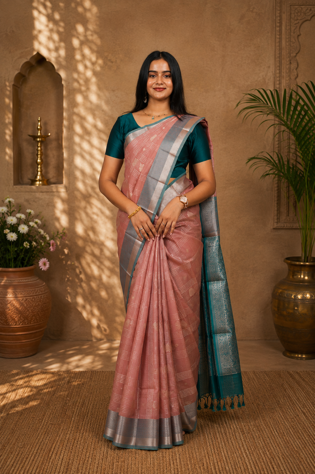 Silk cotton saree in dusty pink with sea green border