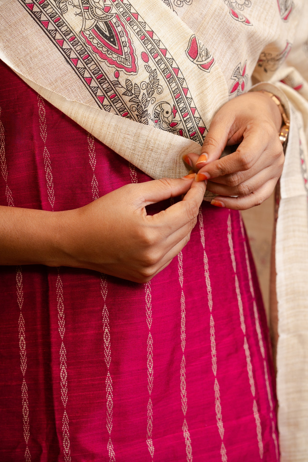 Deepthika Berry Pink Top, Khaki Pant and Dupatta – Silk Cotton with Lining