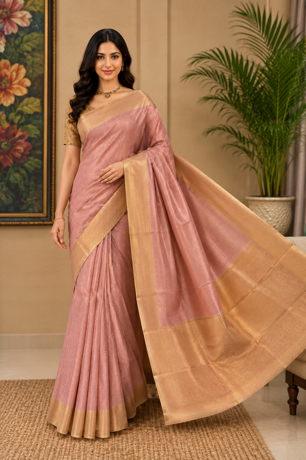 Synthetic saree in rose gold with golden zari
