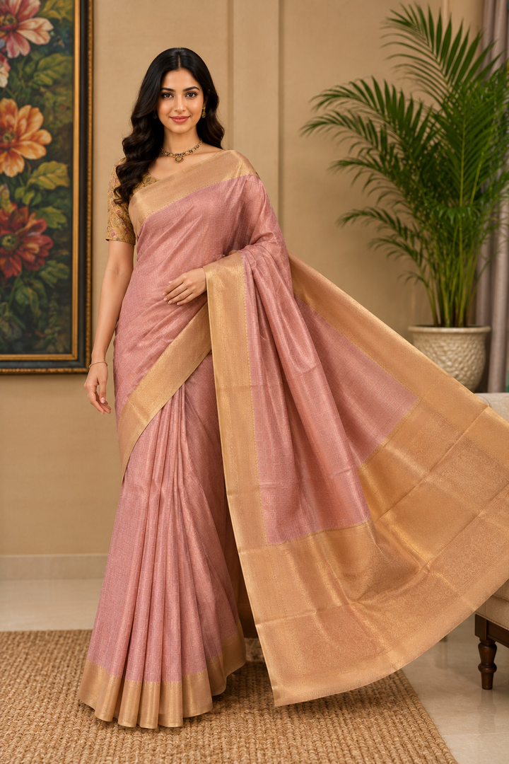 Synthetic saree in rose gold with golden zari