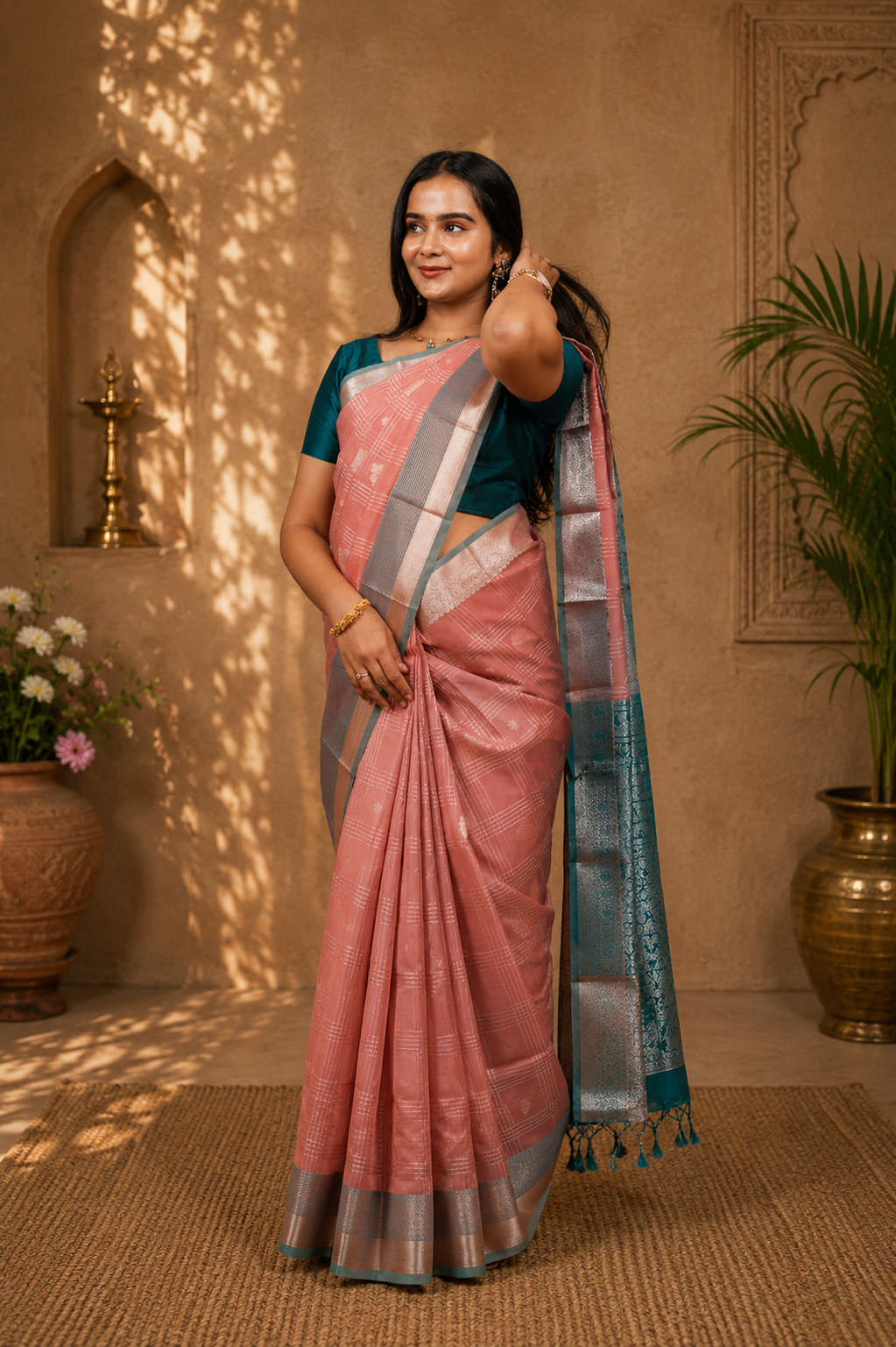Silk cotton saree in dusty pink with sea green border