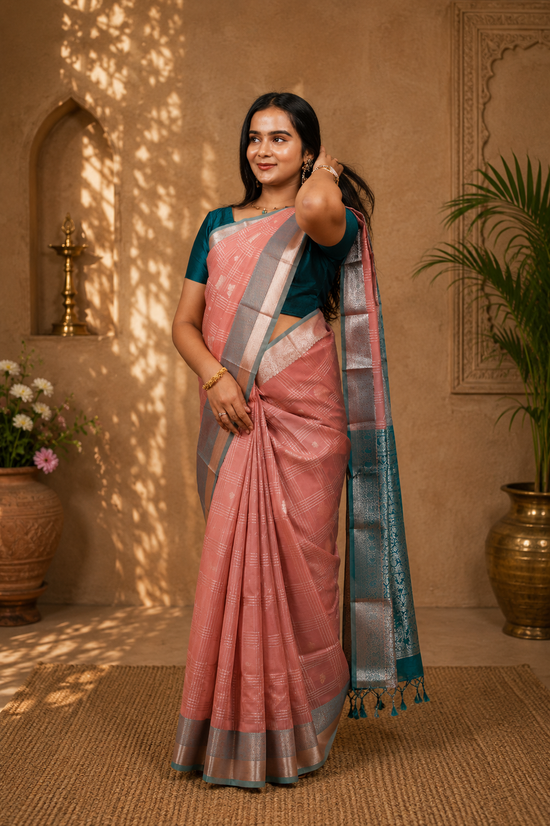 Silk cotton saree in dusty pink with sea green border