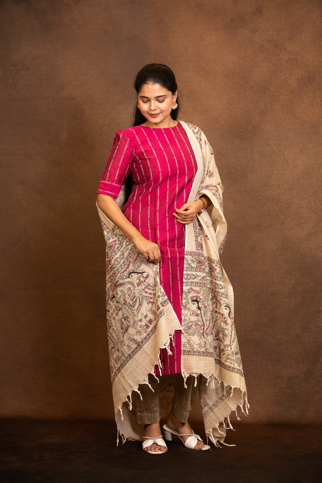 Deepthika Berry Pink Top, Khaki Pant and Dupatta – Silk Cotton with Lining