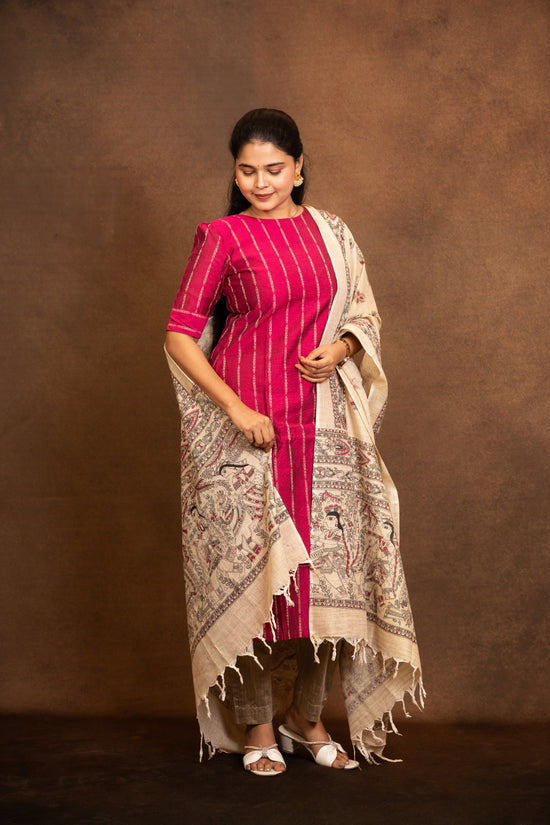 Deepthika Berry Pink Top, Khaki Pant and Dupatta – Silk Cotton with Lining