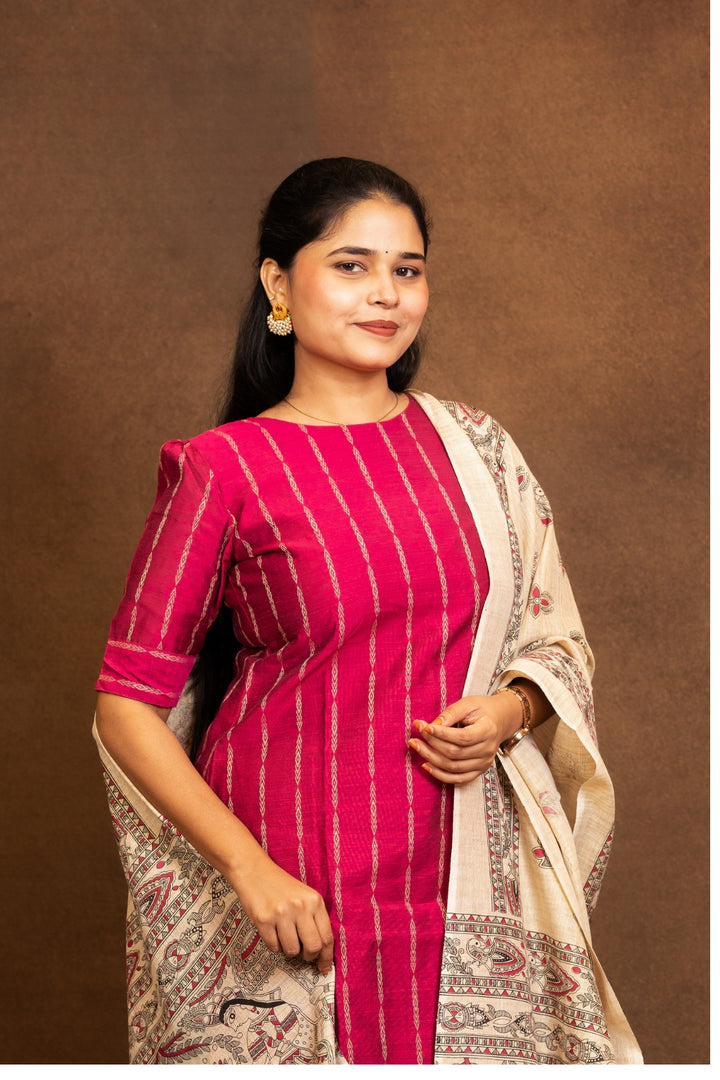 Deepthika Berry Pink Top, Khaki Pant and Dupatta – Silk Cotton with Lining