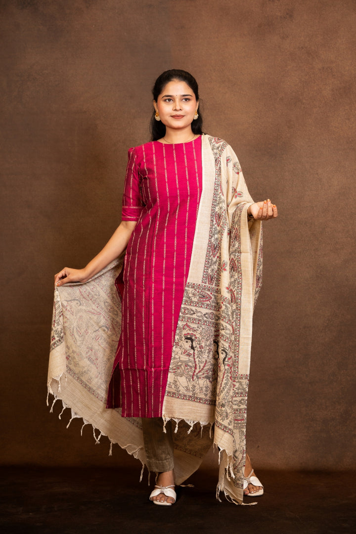 Deepthika Berry Pink Top, Khaki Pant and Dupatta – Silk Cotton with Lining
