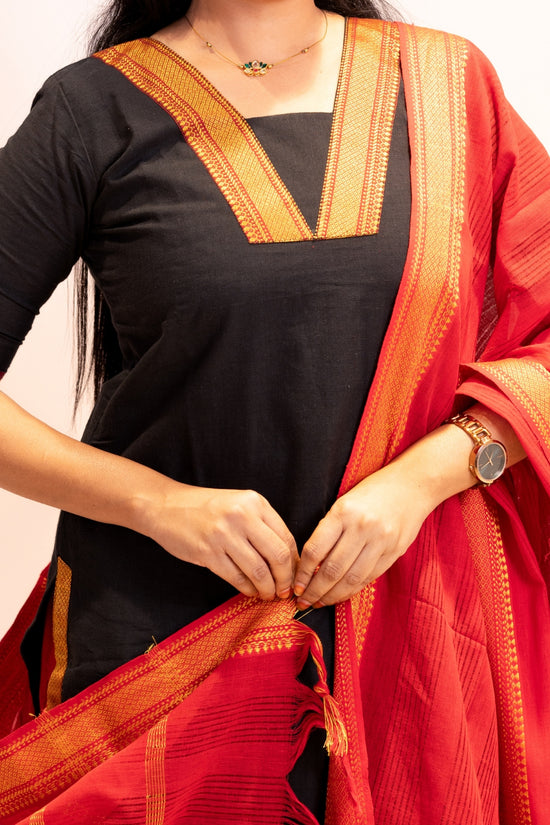 Anjana black & red South cotton Mangalagiri,zari bordered