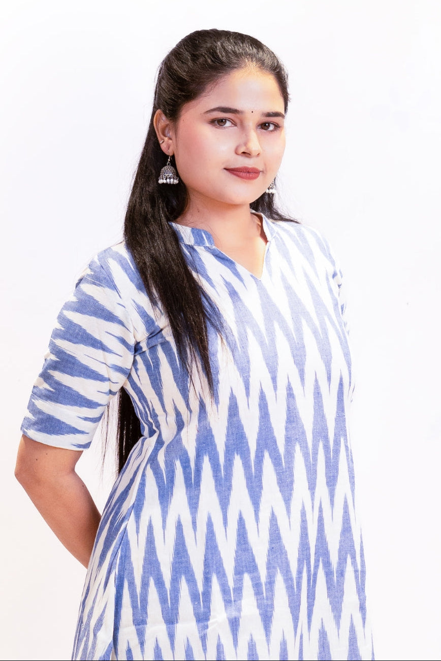 Darshika Half White & Blue Ikat Cotton Top and Pant Set