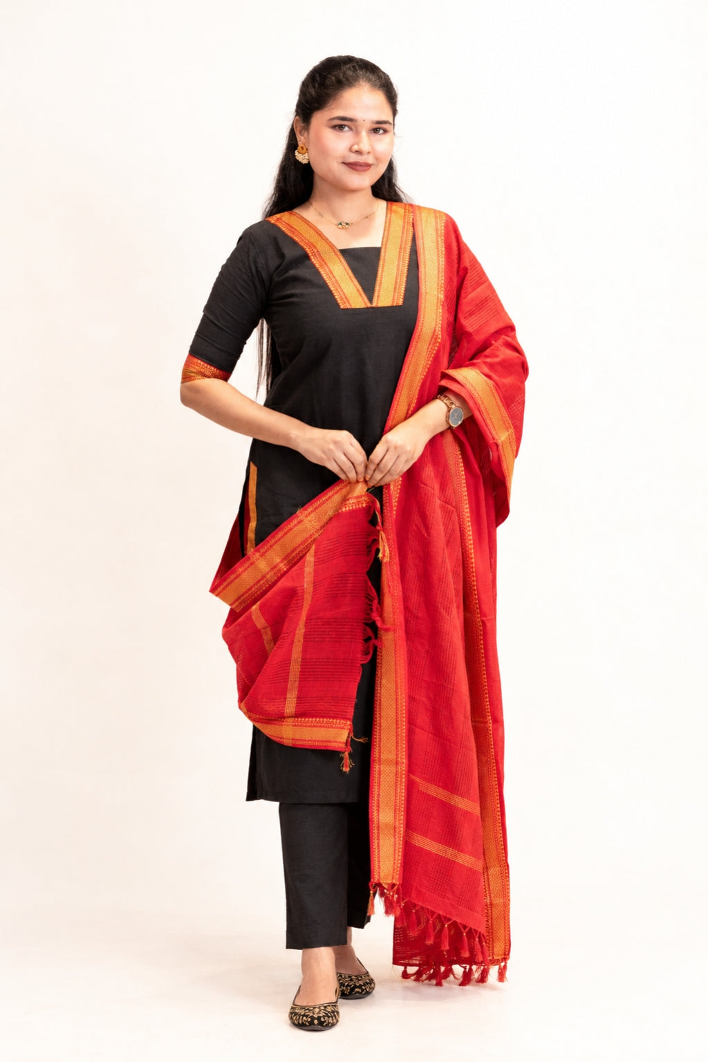 Anjana black & red South cotton Mangalagiri,zari bordered