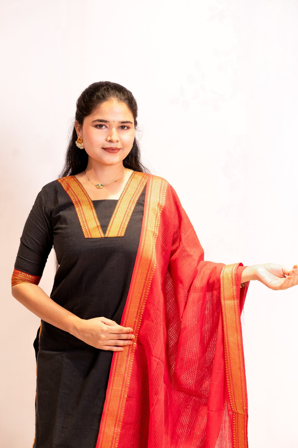 Anjana black & red South cotton Mangalagiri,zari bordered