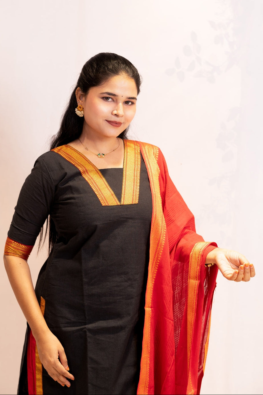 Anjana black & red South cotton Mangalagiri,zari bordered
