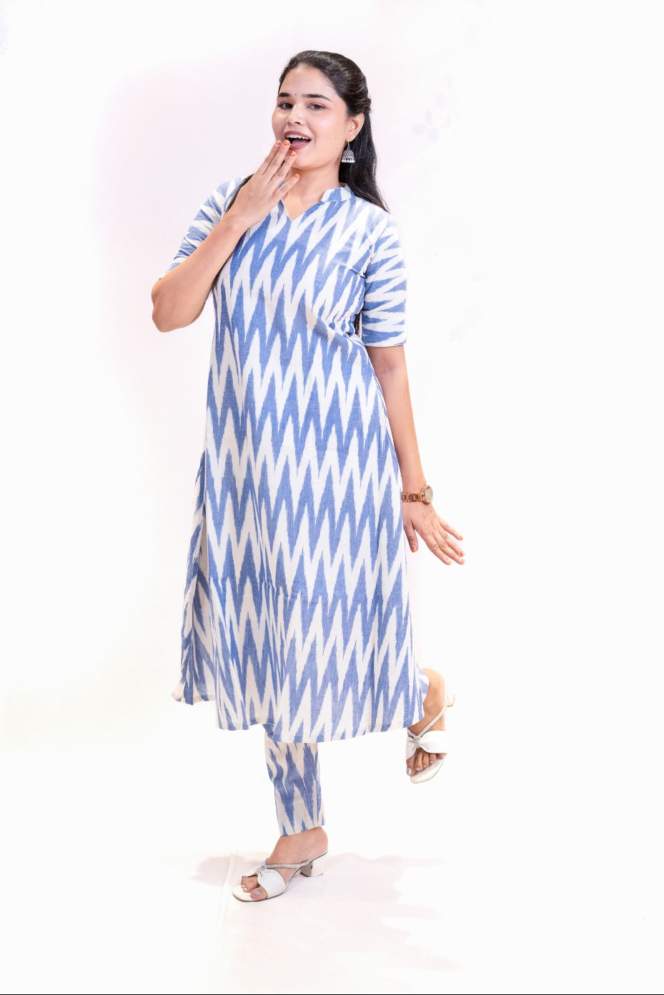 Darshika Half White & Blue Ikat Cotton Top and Pant Set