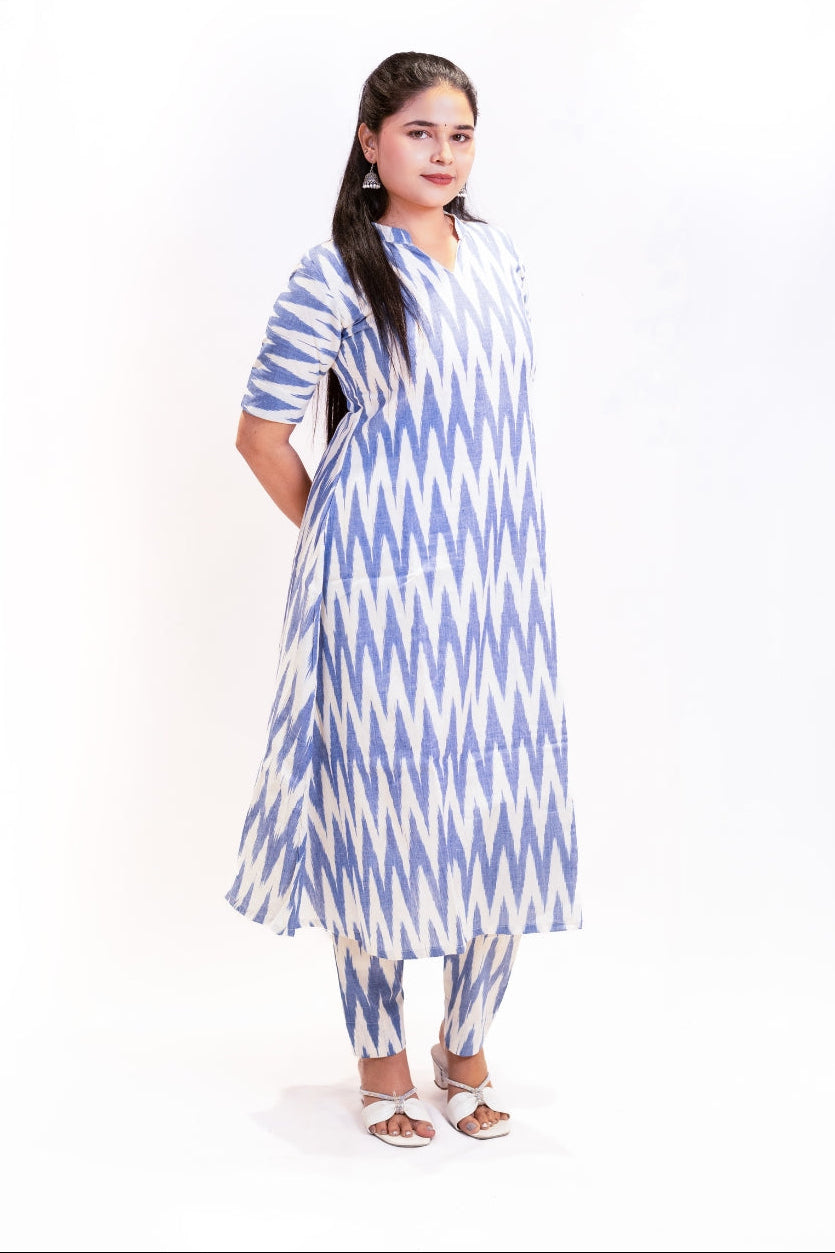 Darshika Half White & Blue Ikat Cotton Top and Pant Set