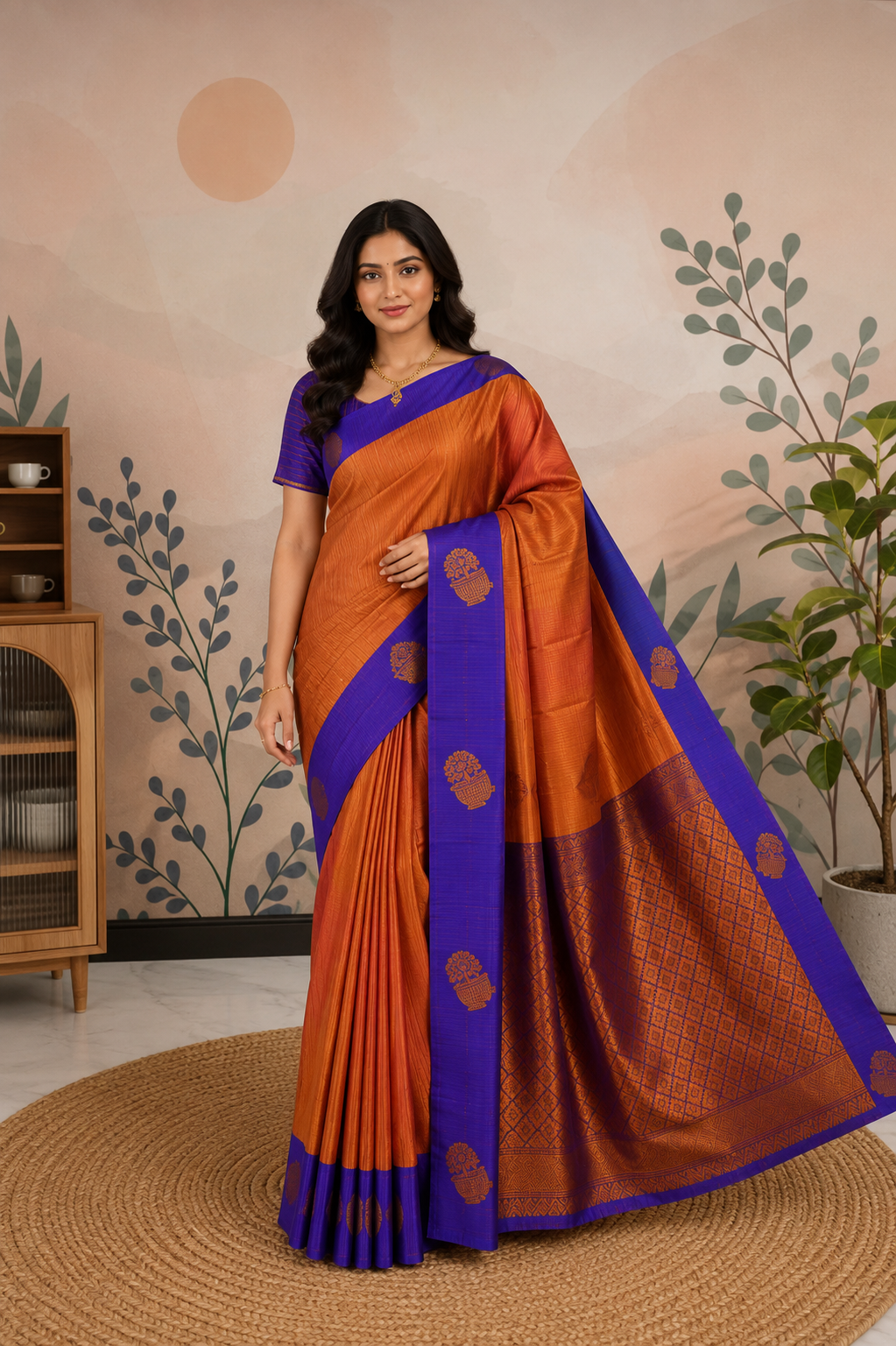 Art pure silk in Burnt Orange with  Royal Lavender