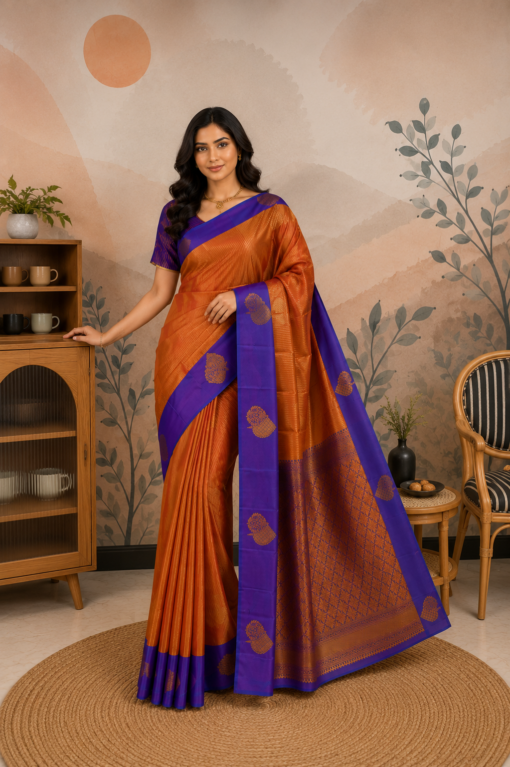 Art pure silk in Burnt Orange with  Royal Lavender