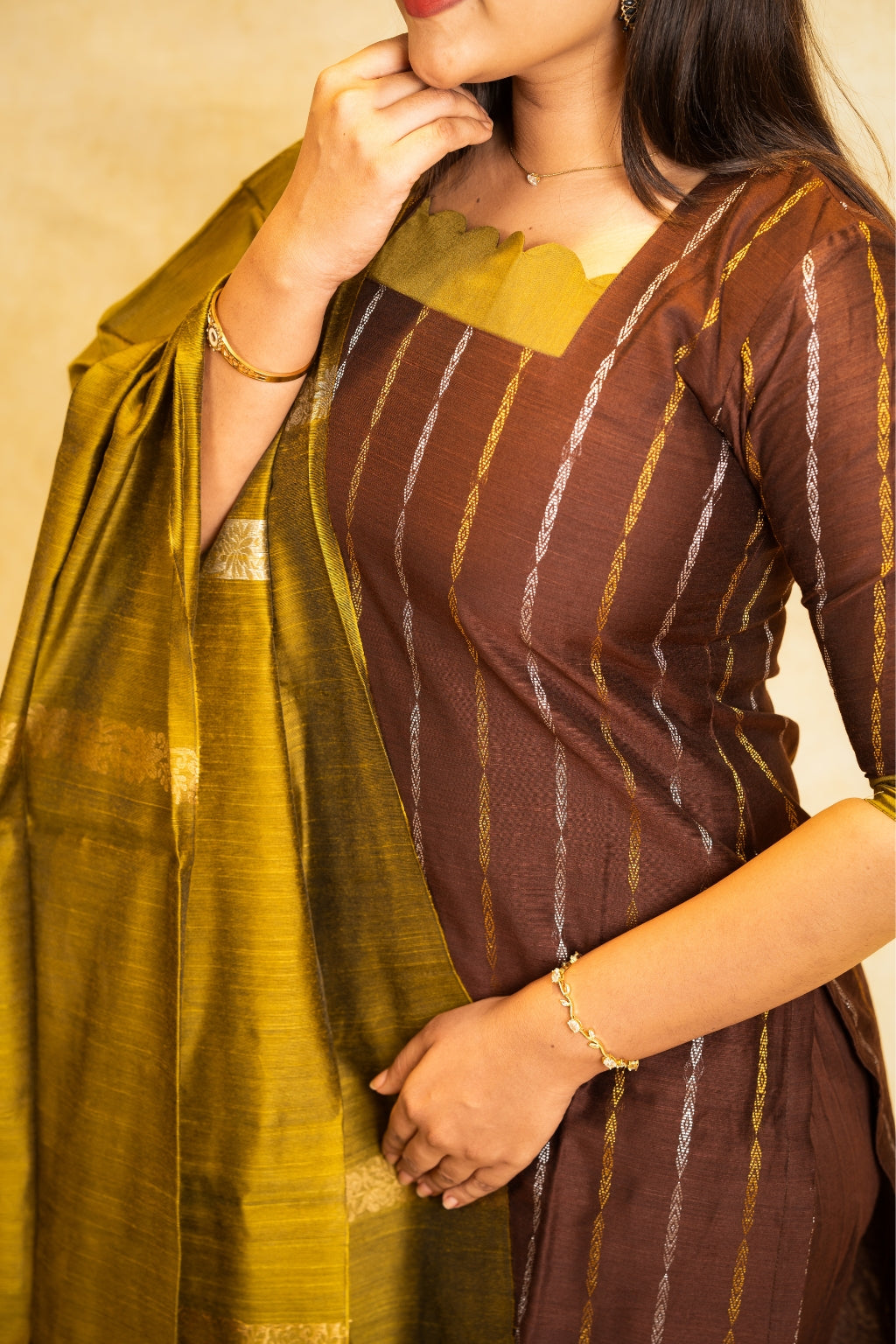 Thira Coffee Brown & Olive Green Dupatta – Silk Cotton with Lining