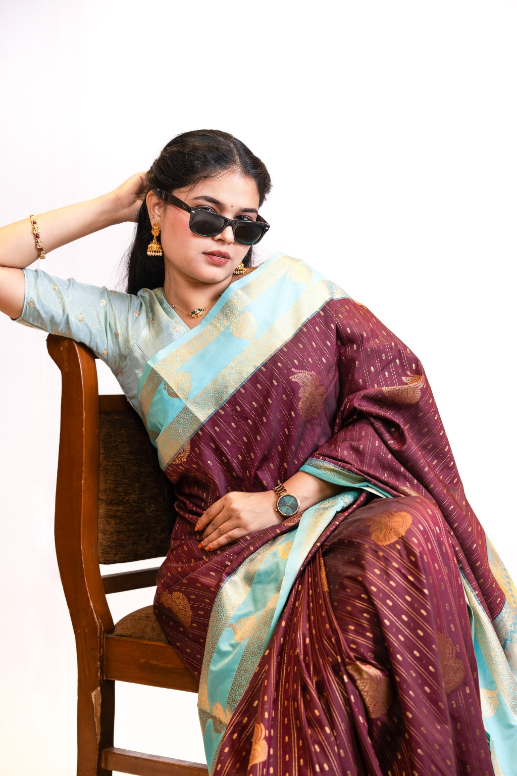 Black Cherry Art Silk Saree with Mint Teal Border