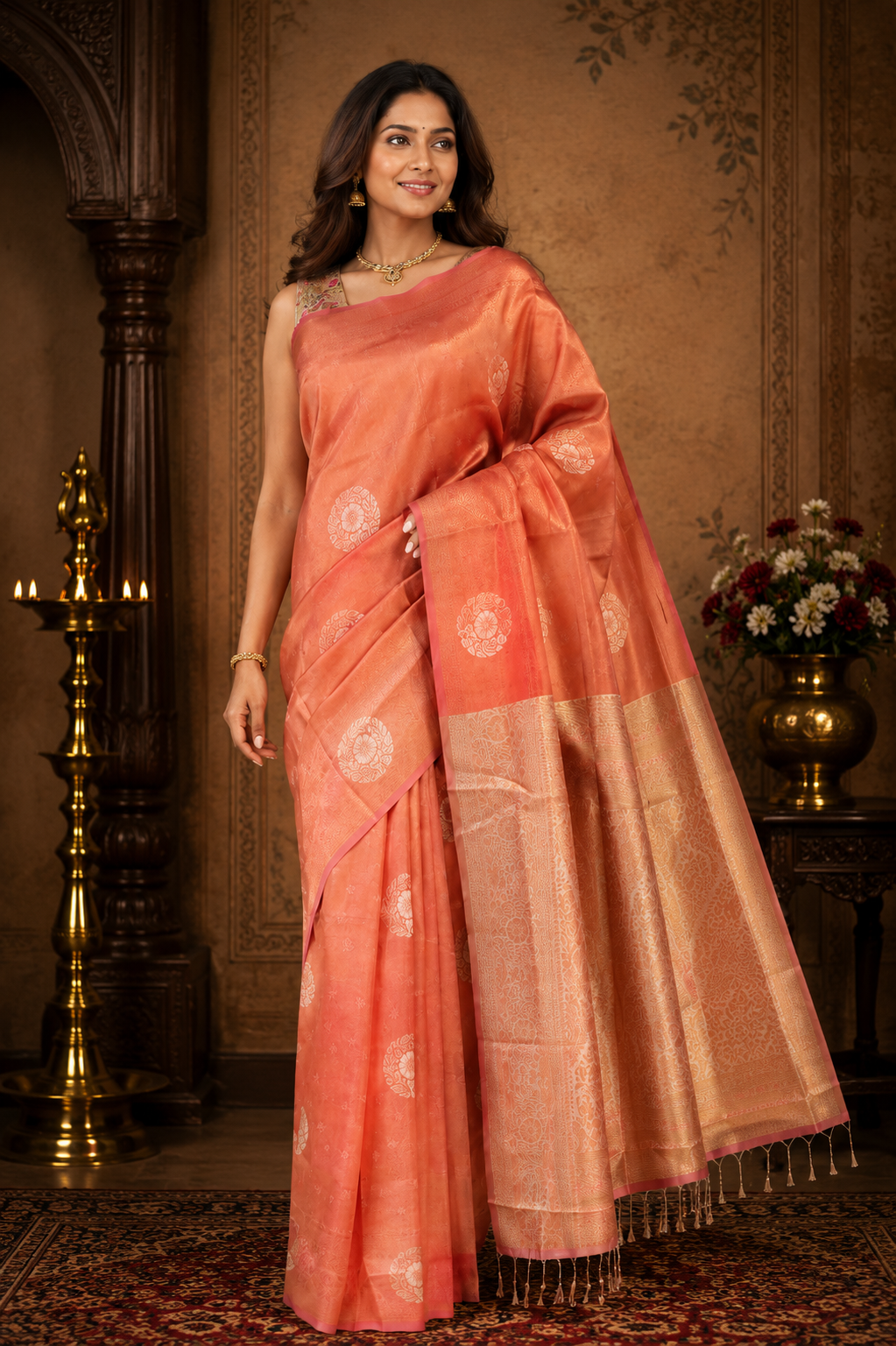 Synthetic print saree in coral peach