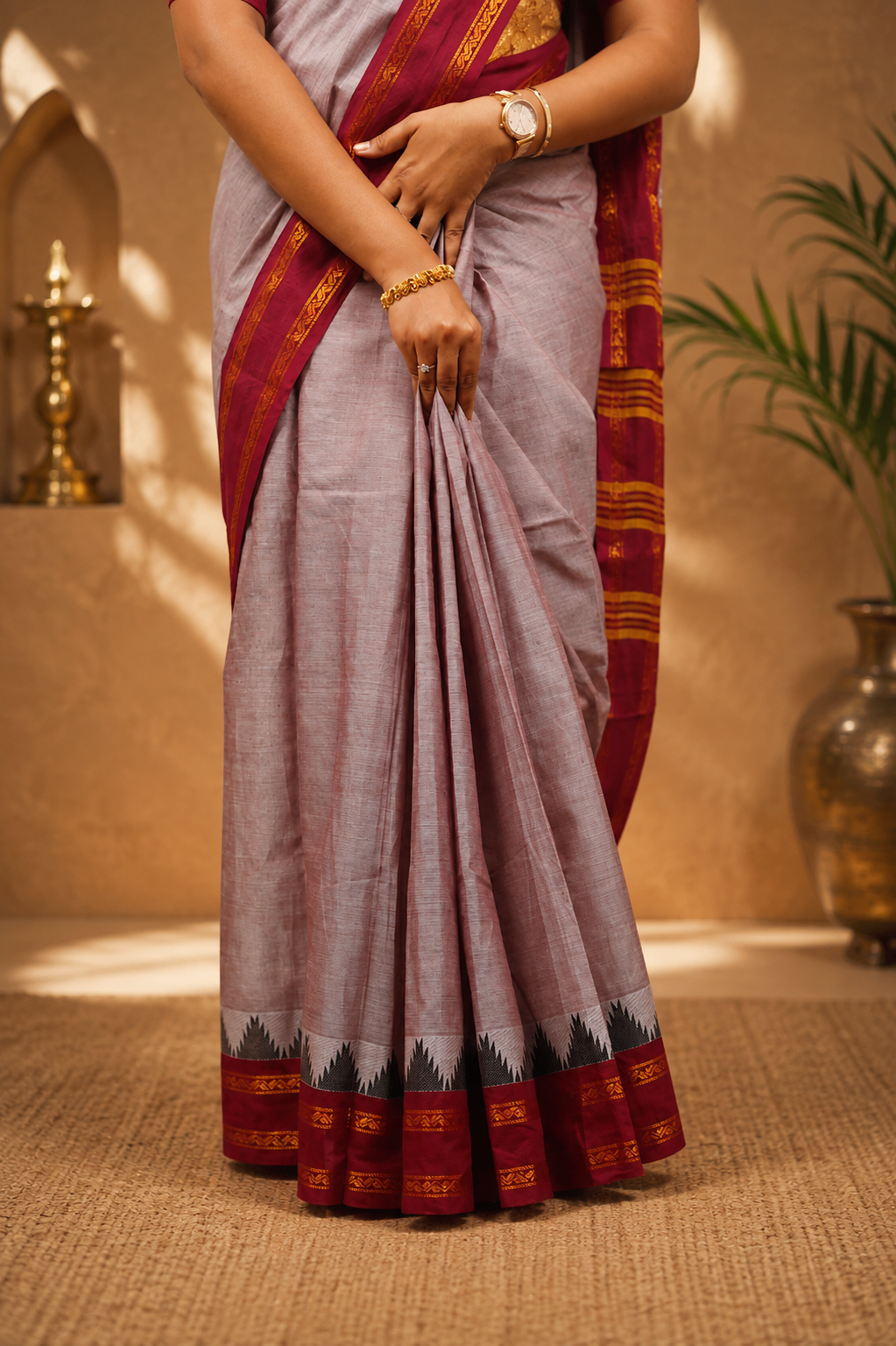 Kadal meengal Karaikudi cotton saree in lavender mist with maroon border