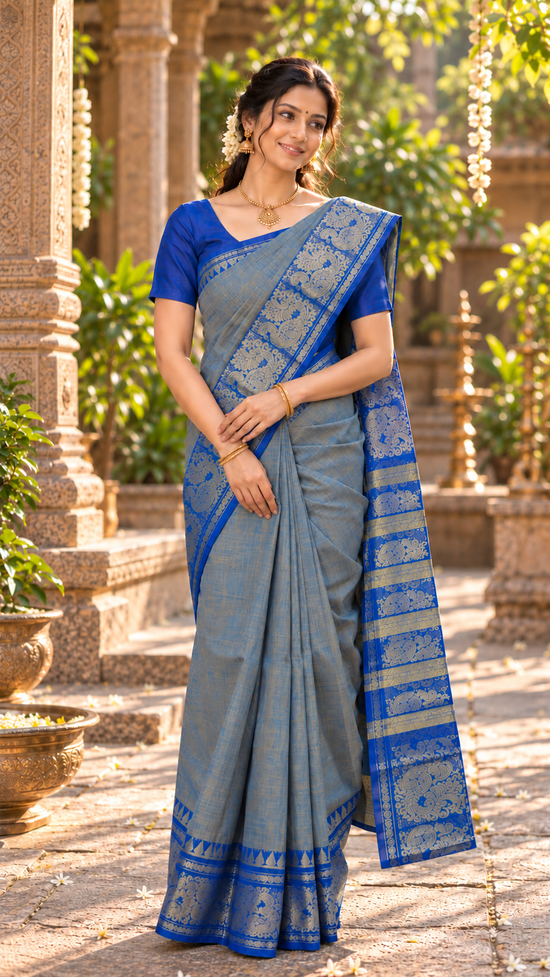 Ponvizhi Royal Blue & Muted Mustard Dual-Tone Cotton Saree with Aduku Annam Border