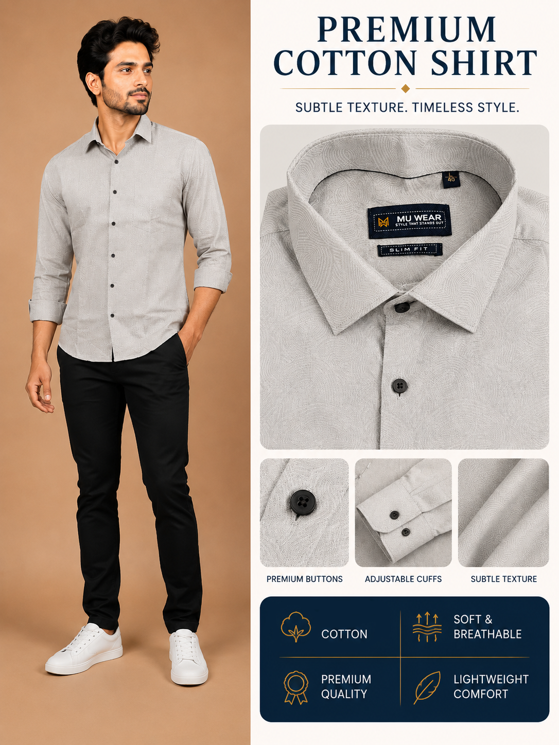 Men's full sleeve cotton shirt in pale grey
