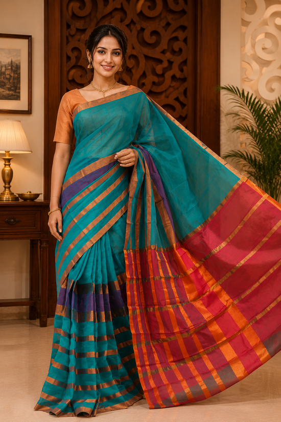 Dark sky blue silk cotton saree